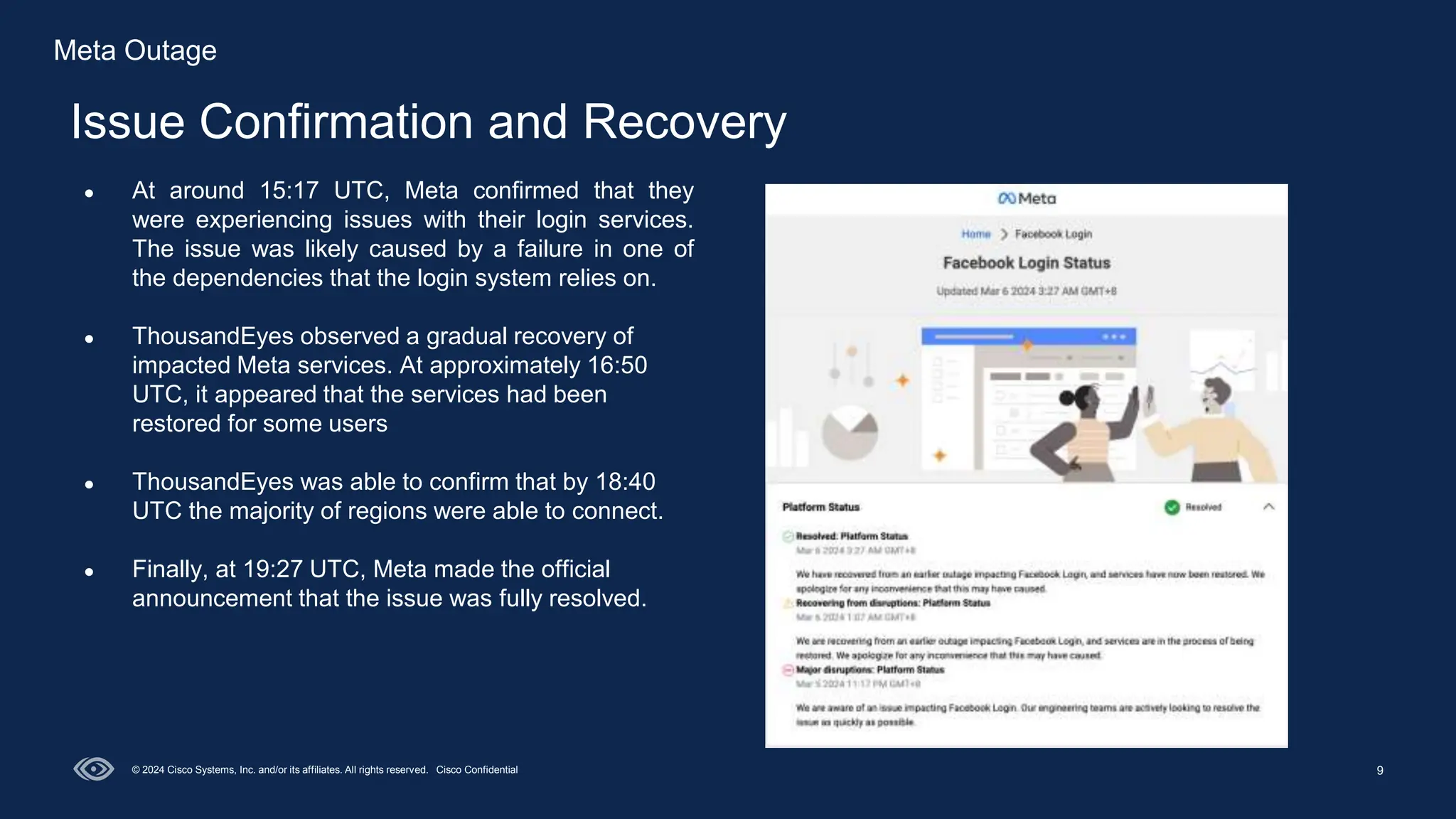 9
Issue Confirmation and Recovery
© 2024 Cisco Systems, Inc. and/or its affiliates. All rights reserved. Cisco Confidential
● At around 15:17 UTC, Meta confirmed that they
were experiencing issues with their login services.
The issue was likely caused by a failure in one of
the dependencies that the login system relies on.
● ThousandEyes observed a gradual recovery of
impacted Meta services. At approximately 16:50
UTC, it appeared that the services had been
restored for some users
● ThousandEyes was able to confirm that by 18:40
UTC the majority of regions were able to connect.
● Finally, at 19:27 UTC, Meta made the official
announcement that the issue was fully resolved.
Meta Outage
 