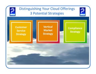 Distinguishing Your Cloud Offerings
                    3 Potential Strategies

Ability to react on        • Banking         Building a cloud
uneven demand              • Aerospace       that meets
    Customer
loads                             Vertical
                           • Healthcare /      Compliance
                                             regulatory
•
•
        Service
    Seasonality
    Time of the day
                                  Market
                             Insurance       requirements, i.e.
                                                  Strategy
•
•
        Strategy
    Unpredictable events
    Industry agnostic
                                 Strategy
                           • Government      •HIPPA
                                             •PCI
•CA Automation Suite       • Oil & Gas       •EU Data Privacy

                           • SMB
 