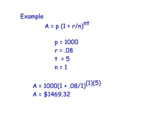Example
          A = p (1 + r/n) nt


              p = 1000
              r = .08
              t =5
              n=1

                       (1)(5)
   A = 1000(1 + .08/1)
   A = $1469.32
 