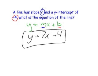 A line has slope 7 and a y-intercept of
-4, what is the equation of the line?
 