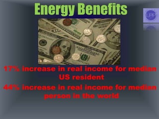 Energy Benefits
17% increase in real income for median
US resident
44% increase in real income for median
person in the world
 