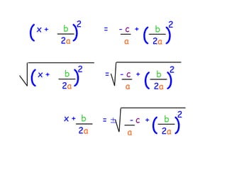 2                   2
(   x+   b
         2a
           )    =    -c +
                      a     ( )
                             b
                             2a


            2                   2
(   x+   b
         2a
           )    =    -c +
                      a     ( )
                             b
                             2a


                                 2
                             ( )
         x+ b   =±    -c +    b
           2a         a       2a
 