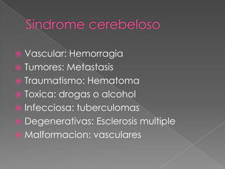 MARCHAS BILATERALES ATAXICA.-      se caracteriza por la base de sustentación amplia, las pulsiones y la falta de coordinación demovimientos lo cual da una marcada inseguridad que en ocasiones obliga al individuo acaminar apoyándose en la pared o en muebles. De acuerdo a su etiología puede ser de 2 tipos:•1.- sensorial.- por perdida de propiocepción, sentido de posición al lesionarse los cordones posteriores de la médula ( Goll y Burdach ) muchas veces causada por Tabes dorsal •2.- cerebelosa.- por lesión en el neocerebelo lo cual ocasiona trastornos del sinergismo, coordinación y equilibrio de las extremidades