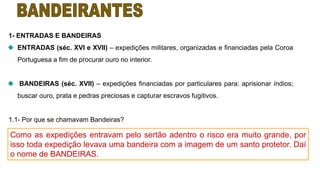 1- ENTRADAS E BANDEIRAS
ENTRADAS (séc. XVI e XVII) – expedições militares, organizadas e financiadas pela Coroa
Portuguesa a fim de procurar ouro no interior.
BANDEIRAS (séc. XVII) – expedições financiadas por particulares para: aprisionar índios;
buscar ouro, prata e pedras preciosas e capturar escravos fugitivos.
1.1- Por que se chamavam Bandeiras?
Como as expedições entravam pelo sertão adentro o risco era muito grande, por
isso toda expedição levava uma bandeira com a imagem de um santo protetor. Daí
o nome de BANDEIRAS.
 