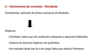 2 – Sertanismo de contrato - Nordeste
Contratantes: senhores de terras e escravos do Nordeste;
Objetivos:
•Combater índios que não aceitavam catequese e atacavam latifúndios,
•Captura de escravos fugitivos nos quilombos.
•Um exemplo deste tipo foi a de Jorge Velho que destruiu Palmares.
 
