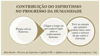 CONTRIBUIÇÃO DO ESPIRITISMO
            NO PROGRESSO DA HUMANIDADE


                                                                       Terá, no entanto,
                                          Chegou o tempo em              que sustentar
             Porque está na               que ocupará lugar           grandes lutas, mais
              Natureza.                        entre os                contra o interesse
                                            conhecimentos               do que contra a
                                              humanos.                    convicção.




Allan Kardec -O Livro dos Espíritos» Capítulo VIII -» Influência do espiritismo no progresso » 798
 