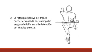 2. La rotación excesiva del tronco
puede ser causada por un impulso
exagerada del brazo o la detención
del impulso de éste.
 