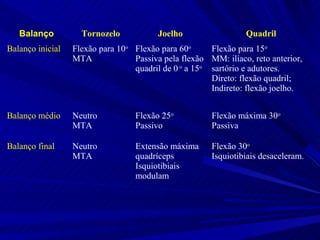 Balanço          Tornozelo            Joelho                 Quadril
Balanço inicial   Flexão para 10o Flexão para 60o      Flexão para 15o
                  MTA             Passiva pela flexão MM: ilíaco, reto anterior,
                                  quadril de 0 o a 15o sartório e adutores.
                                                       Direto: flexão quadril;
                                                       Indireto: flexão joelho.


Balanço médio     Neutro          Flexão 25o           Flexão máxima 30o
                  MTA             Passivo              Passiva

Balanço final     Neutro          Extensão máxima      Flexão 30o
                  MTA             quadríceps           Isquiotibiais desaceleram.
                                  Isquiotibiais
                                  modulam
 