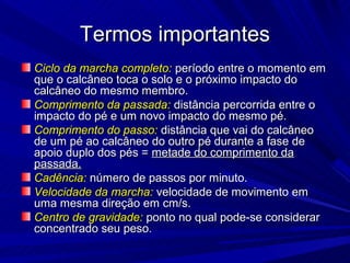 Termos importantes
Ciclo da marcha completo: período entre o momento em
que o calcâneo toca o solo e o próximo impacto do
calcâneo do mesmo membro.
Comprimento da passada: distância percorrida entre o
impacto do pé e um novo impacto do mesmo pé.
Comprimento do passo: distância que vai do calcâneo
de um pé ao calcâneo do outro pé durante a fase de
apoio duplo dos pés = metade do comprimento da
passada.
Cadência: número de passos por minuto.
Velocidade da marcha: velocidade de movimento em
uma mesma direção em cm/s.
Centro de gravidade: ponto no qual pode-se considerar
concentrado seu peso.
 