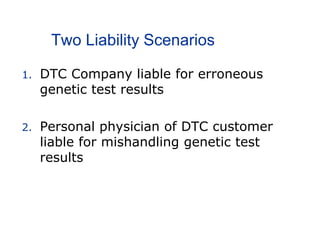 Two Liability Scenarios
1. DTC Company liable for erroneous
genetic test results
2. Personal physician of DTC customer
liable for mishandling genetic test
results
 