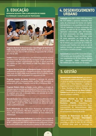 34
Programa Nacional de Reestruturação e Aparelhagem da Rede Escolar
Pública de Educação Infantil (Proinfância):	investiu	na	construção	de	
1.024	escolas	por	meio	de	989	convênios,	ultrapassando	R$	1,8	bilhão	
até	o	ﬁ	m	de	2010.
Fundeb:	ﬁ	nancia	a	educação	básica,	com	distribuição	maior	de	recursos	
para	áreas	rurais.	Municípios	que	não	conseguem	atingir	o	mínimo	de	
contribuição	recebem	complementação	da	União.	O	aporte	passou	de	
R$	2	bilhões	em	2007	a	R$	3	bilhões	em	2008.	Para	2009,	o	valor	é	de	
R$	5	bilhões.
Programa Nacional de Apoio ao Transporte Escolar:	repassa	recursos	
suplementares	para	garantir	o	transporte	de	alunos	da	rede	pública	de	
áreas	rurais.	De	2004	a	2008,	foram	investidos	R$	301,2	milhões.	O	valor	
transferido	pelo	FNDE	por	estudante	foi	reajustado	em	8%.
Programa Caminho da Escola:	 destinado	 à	 aquisição	 de	 veículos	
padronizados	para	o	transporte	escolar,	auxiliou	1.300	municípios	na	
compra	de	2.487	ônibus.	É	previsto	o	uso	de	R$	1,15	bilhão	em	2009.
Programa Dinheiro Direto na Escola: escolas	 públicas	 e	 privadas	 de	
educação	especial	mantidas	por	entidades	sem	ﬁ	ns	lucrativos	receberam	
R$	692,8	milhões	em	2008,	atendendo	26,9	milhões	de	alunos.	Em	2009,	
foi	 ampliado	 para	 toda	 a	 educação	 básica,	 com	 previsão	 de	 atender	
45,6	milhões	de	estudantes.
Merenda Escolar: teve	aumento	no	valor	per	capita	nos	diferentes	níveis	
de	ensino	e	para	grupos	especíﬁ	cos,	alcançando,	em	alguns	casos,	alta	
de	até	238%.	A	partir	de	2009,	chega	também	aos	alunos	do	ensino	
médio	e	proﬁ	ssionalizante.
Brasil Alfabetizado:	 dos	 1.108	 Planos	 Plurianuais	 de	 Alfabetização	
iniciados	 pelos	 parceiros,	 996	 foram	 concluídos	 com	 107	 mil	 turmas	
ativas.	Serão	distribuídos	cerca	de	2,5	milhões	de	livros	didáticos	de	
alfabetização.
Rede Federal de Educação Profissional:	foi	ampliada,	com	a	criação	de	
150	unidades	em	todos	os	estados	e	no	Distrito	Federal,	com	investimento	
de	R$	1,1	bilhão	para	abrir	500	mil	vagas	de	ensino	proﬁ	ssional.	O	Proeja	
leva	ensino	proﬁ	ssional	a	oito	mil	jovens	e	adultos	de	100	municípios.
Habitação:	entre	2007	e	2009,	o	PAC	direcionou	
R$	 13,5	 bilhões	 a	 governos	 estaduais.	 Para	
ações	 de	 urbanização	 de	 favelas	 em	 regiões	
metropolitanas	e	em	municípios	com	mais	de	
150	mil	habitantes,	já	foram	contratados	140	
projetos,	no	valor	de	R$	3,3	milhões.	Das	83	
operações	 selecionadas	 pelo	 Pró-moradia,	
61	 foram	 contratadas	 em	 2008,	 totalizando	
R$	 758	 milhões.	 Foram	 escolhidas	 ainda	
46	 novas	 operações,	 no	 valor	 de	 R$	 1,1	
bilhão.	 Com	 o	 Minha	 Casa,	 Minha	 Vida,	 são	
R$	34	bilhões	para	construção	de	1	milhão	de	
moradias	 para	 famílias	 com	 renda	 de	 até	 10	
salários	 mínimos,	 em	 parceria	 com	 estados,	
municípios	e	iniciativa	privada.	
Saneamento:	por	meio	do	PAC,	foram	selecionados	
1.634	projetos	que	vão	beneﬁ	ciar	782	municípios	
com	investimentos	de	R$	28,4	bilhões.	Apenas	
para	 drenagem,	 foram	 disponibilizados	
R$	4	bilhões	para	101	cidades	em	16	estados.	
Exe
redu
até	
aces
de	t
Reg
a	tra
os	 m
a	 re
mun
Tran
sobr
obra
metr
no	v
Em	2
Prog
(Pro
AgendadeApoioàGestãoMunicipal:	para	apoiar	os	
novos	prefeitos	e	prefeitas	eleitos	em	2008,	foi	criado	
um	grupo	de	trabalho	interministerial	que	elaborou	
produtos	como	o	Portal	Federativo,	o	Catálogo	de	
Programas	do	Governo	Federal	e	Orientações	para	
o	 Gestor	 Municipal	 em	 Início	 de	 Mandato,	 entre	
outros.	O Encontro Nacional com Novos Prefeitos e
Prefeitas reuniu	mais	de	15	mil	pessoas	e	viabilizou	
diversos	contratos	e	convênios.
Programa Nacional de Apoio à Gestão
Administrativa e Fiscal dos Municípios
Brasileiros (PNAFM):	 disponibiliza	 aos	
municípios,	em	segundo	contrato	com	o	Banco	
Interamericano	 de	 Desenvolvimento	 (BID),	
US$	1,1	bilhão	de	recursos	externos	para	aquisição	
de	equipamentos	e	sistemas	de	gestão.	
Programa de Modernização da Gestão das
Administrações Municipais (PMAT/BNDES):	
reduziu	suas	exigências	e	facilitou	o	acesso	dos	
municípios	 a	 crédito	 de	 mais	 R$	 300	 milhões.	
É	 oferecido	 ainda	 apoio	 em	 tecnologia	 da	
info
band
Índic
usad
dado
Entr
Tran
ou
obri
Red
de E
form
gove
Prog
prom
soci
Proj
mun
e	 pr
2011
3. EDUCAÇÃO 4. DESENVOLVIMENTO
URBANO
5. GESTÃO
ENFRENTAR DESAFIOS COMO A IMPLANTAÇÃO DO FUNDEB
E A FORMAÇÃO E QUALIFICAÇÃO DE PROFESSORES
MEL
MOB
ESTI
E GE
MarchaPrefeitos_210x297mm_FINAL.indd 34 09.07.09 01:39:59
 