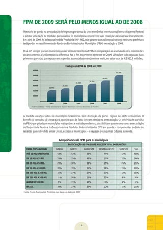 FPM DE 2009 SERÁ PELO MENOS IGUAL AO DE 2008
O	cenário	de	queda	na	arrecadação	de	impostos	por	conta	da	crise	econômica	internacional	levou	o	Governo	Federal	
a	adotar	uma	série	de	medidas	para	auxiliar	os	municípios	a	manterem	suas	condições	de	custeio	e	investimento.	
Em	abril	de	2009,	foi	editada	a	Medida	Provisória	(MP)	462,	que	garante	que	ao	longo	deste	ano	nenhuma	prefeitura	
terá	perdas	no	recolhimento	do	Fundo	de	Participação	dos	Municípios	(FPM)	em	relação	a	2008.	
Pela	MP,	sempre	que	um	município	apurar	perda	de	receita	no	FPM	em	comparação	ao	acumulado	até	o	mesmo	mês	
do	ano	anterior,	a	União	reporá	a	diferença.	Até	o	ﬁ	m	do	primeiro	semestre	de	2009,	já	haviam	sido	pagas	as	duas	
primeiras	parcelas,	que	repuseram	as	perdas	acumuladas	entre	janeiro	e	maio,	no	valor	total	de	R$	952,8	milhões.
A	medida	alcança	todos	os	municípios	brasileiros,	sem	distinção	de	porte,	região	ou	perﬁl	econômico.	O	
benefício,	contudo,	só	chega	para	aqueles	que,	de	fato,	tiveram	perdas	na	arrecadação.	Os	critérios	de	partilha	
do	FPM,	que	priorizam	municípios	mais	pobres	e	mais	dependentes,	possibilitam	que	mesmo	com	a	arrecadação	
do	Imposto	de	Renda	e	do	Imposto	sobre	Produtos	Industrializados	(IPI)	em	queda	–	componentes	do	bolo	de	
receitas	que	é	dividido	entre	União,	estados	e	municípios	–	o	repasse	de	algumas	cidades	aumente.
A importância do FPM para os municípios
PARTICIPAÇÃO DO FPM SOBRE A RECEITA TOTAL DO MUNICÍPIO
FAIXA POPULACIONAL BRASIL NORTE NORDESTE CENTRO-OESTE SUDESTE SUL
ATÉ 10 MIL HABITANTES 48% 43% 55% 44% 47% 46%
DE 10 MIL A 20 MIL 28% 35% 46% 29% 32% 34%
DE 20 MIL A 50 MIL 29% 30% 38% 25% 24% 25%
DE 50 MIL A 100 MIL 20% 19% 30% 18% 15% 20%
DE 100 MIL A 200 MIL 16% 27% 27% 17% 12% 14%
DE 200 MIL A 500 MIL 11% 36% 20% 13% 8% 9%
ACIMA DE 500 MIL 5% 13% 17% 8% 2% 4%
BRASIL 19% 27% 33% 22% 11% 21%
	Fonte:	Frente	Nacional	de	Prefeitos,	com	base	em	dados	de	2007
4
Evolução do FPM de 2003 até 2008
*Em	R$	milhões	–	Fonte:	Secretaria	do	Tesouro	Nacional	–	Sem	os	descontos	do	Fundeb
MarchaPrefeitos_210x297mm_FINAL.indd 4 09.07.09 01:35:10
 