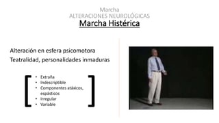 ALTERACIONES NEUROLÓGICAS
Marcha Histérica
Marcha
Alteración en esfera psicomotora
Teatralidad, personalidades inmaduras
• Extraña
• Indescriptible
• Componentes atáxicos,
espásticos
• Irregular
• Variable
[ ]
 