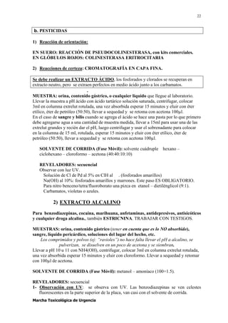 22


b. PESTICIDAS

1) Reacción de orientación:

EN SUERO: REACCIÓN DE PSEUDOCOLINESTERASA, con kits comerciales.
EN GLÓBULOS ROJOS: COLINESTERASA ERITROCITARIA

2) Reacciones de certeza: CROMATOGRAFÍA EN CAPA FINA.

Se debe realizar un EXTRACTO ÁCIDO, los fosforados y clorados se recuperan en
extracto neutro, pero se extraen perfectos en medio ácido junto a los carbamatos.
                               .
MUESTRA: orina, contenido gástrico, o cualquier líquido que llegue al laboratorio.
Llevar la muestra a pH ácido con ácido tartárico solución saturada, centrifugar, colocar
3ml en columna extrelut rotulada, una vez absorbida esperar 15 minutos y eluir con éter
etílico, éter de petróleo (50:50), llevar a sequedad y se retoma con acetona 100µl.
En el caso de sangre y bilis cuando se agrega el ácido se hace una pasta por lo que primero
debe agregarse agua a una cantidad de muestra medida, llevar a 15ml para usar una de las
extrelut grandes y recién dar el pH, luego centrifugar y usar el sobrenadante para colocar
en la columna de 15 ml, rotulada, esperar 15 minutos y eluir con éter etílico, éter de
petróleo (50:50), llevar a sequedad y se retoma con acetona 100µl.

   SOLVENTE DE CORRIDA (Fase Móvil): solvente cuádruple hexano –
   ciclohexano – cloroformo – acetona (40:40:10:10)

   REVELADORES: secuencial
   Observar con luz UV.
    Solución de Cl de Pd al 5% en ClH al . (fosforados amarillos)
    Na(OH) al 10%: fosforados amarillos y marrones. Este paso ES OBLIGATORIO.
    Para nitro benceno/tetra/fluoroborato una pizca en etanol – dietilénglicol (9:1).
    Carbamatos, violetas o azules.

           2) EXTRACTO ALCALINO
Para benzodiazepinas, cocaína, marihuana, anfetaminas, antidepresivos, antisicóticos
y cualquier droga alcalina., también ESTRICNINA. TRABAJAR CON TESTIGOS.

MUESTRAS: orina, contenido gástrico (tener en cuenta que es lo NO absorbido),
sangre, líquido pericárdico, soluciones del lugar del hecho, etc.
    Los comprimidos y polvos (ej: “ravioles”) no hace falta llevar el pH a alcalino, se
              pulverizan, se disuelven en un poco de acetona y se siembran.
Llevar a pH 10 u 11 con NH4(OH), centrifugar, colocar 3ml en columna extrelut rotulada,
una vez absorbida esperar 15 minutos y eluir con cloroformo. Llevar a sequedad y retomar
con 100µl de acetona.

SOLVENTE DE CORRIDA (Fase Móvil): metanol – amoníaco (100+1.5).

REVELADORES: secuencial
1- Observación con UV: se observa con UV. Las benzodiazepinas se ven celestes
   fluorescentes en la parte superior de la placa, van casi con el solvente de corrida.
Marcha Toxicológica de Urgencia
 
