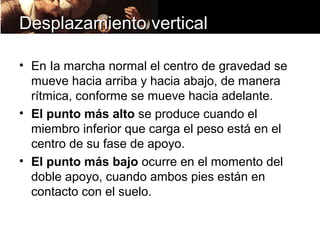 Desplazamiento vertical

• En Ia marcha normal el centro de gravedad se
  mueve hacia arriba y hacia abajo, de manera
  rítmica, conforme se mueve hacia adelante.
• El punto más alto se produce cuando el
  miembro inferior que carga el peso está en el
  centro de su fase de apoyo.
• El punto más bajo ocurre en el momento del
  doble apoyo, cuando ambos pies están en
  contacto con el suelo.
 