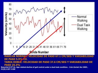 MARCHA NORMAL: VELOCIDAD DE PASO 67.1 CM/SEG Y VARIABILIDAD DE PASO 5.9% CV. TAREA DOBLE: VELOCIDAD DE PASO 37.6 CM/SEG Y VARIABILIDAD DE PASO 25.3% Beauchet O ET AL. Age-related decline of gait control under a dual-task condition.  J Am Geriatr Soc  2003 , 51(8):1187-1188 