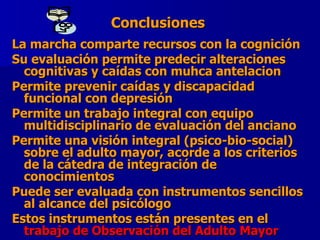 Conclusiones  La marcha comparte recursos con la cognición Su evaluación permite predecir alteraciones cognitivas y caídas con muhca antelacion Permite prevenir caídas y discapacidad funcional con depresión Permite un trabajo integral con equipo multidisciplinario de evaluación del anciano Permite una visión integral (psico-bio-social) sobre el adulto mayor, acorde a los criterios de la cátedra de integración de conocimientos  Puede ser evaluada con instrumentos sencillos al alcance del psicólogo Estos instrumentos están presentes en el   trabajo de Observación del Adulto Mayor 