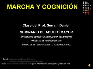 MARCHA Y COGNICIÓN

                         Clase del Prof. Serrani Daniel

                     SEMINARIO DE ADULTO MAYOR
                      CATEDRA DE ESTRUCTURA BIOLÓGICA DEL SUJETO II

                                  FACULTAD DE PSICOLOGIA. UNR

                        GRUPO DE ESTUDIO DE ADULTO MAYOR ROSARIO.




  Email: danielserrani@argentina.com
          danielserrani@adultomayorrosario.com
Visite: www.adultomayorosario.com para información, bibliografía y tests on-line
 