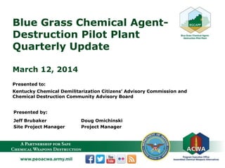 Blue Grass Chemical Agent-
Destruction Pilot Plant
Quarterly Update
March 12, 2014
Presented to:
Kentucky Chemical Demilitarization Citizens’ Advisory Commission and
Chemical Destruction Community Advisory Board
Presented by:
Jeff Brubaker Doug Omichinski
Site Project Manager Project Manager
 