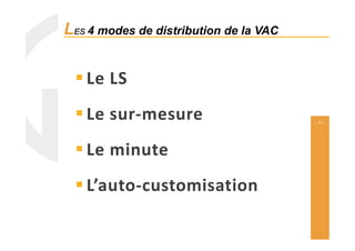 - 11 -
Le LS
Le sur-mesure
LES 4 modes de distribution de la VAC
Le minute
L’auto-customisation
 