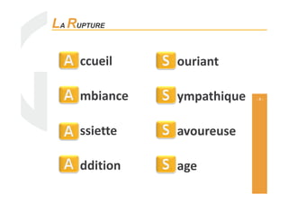 - 8 -
ccueil ouriant
mbiance ympathique
LA RUPTURE
mbiance ympathique
ssiette avoureuse
ddition age
 