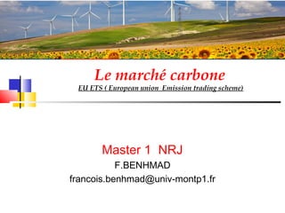 Le marché carbone

EU ETS ( European union_Emission trading scheme)

Master 1 NRJ
F.BENHMAD
francois.benhmad@univ-montp1.fr

 