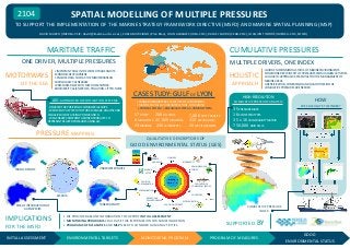 SPATIAL MODELLING OF MULTIPLE PRESSURES

2104

TO SUPPORT THE IMPLEMENTATION OF THE MARINE STRATEGY FRAMEWORK DIRECTIVE (MSFD) AND MARINE SPATIAL PLANNING (MSP)
DAVID MARCH (IMEDEA-CSIC: david@imedea.uib-csic.es), CARLA MURCIANO (Plan Bleu), JOAN ALBAIGÉS (IDEA-CSIC), RAFAEL SARDÁ (CEAB-CSIC), JOAQUIN TINTORÉ (IMEDEA-CSIC, SOCIB)

CUMULATIVE PRESSURES

MARITIME TRAFFIC
ONE DRIVER, MULTIPLE PRESSURES

MOTORWAYS
OF THE SEA

MULTIPLE DRIVERS, ONE INDEX

• IMPORTANT ROLE IN THE WORLD TRADE AND ITS
ECONOMIC DEVELOPMENT
• ENCLOSED SEA SUCH AS THE MEDITERRANEAN
PARTICULARLY VULNERABLE
•PRESSURES RELATED TO MSFD DESCRIPTORS:
BIODIVERSITY, ALIEN SPECIES, POLLUTION, LITTER, NOISE

HOLISTIC
APPROACH

CASE STUDY: GULF OF LYON
AIS: AUTOMATED IDENTIFICATION SYSTEMS
- REGISTER THE POSITION OF COMMERCIAL SHIPS
- WE DEVELOP A SYSTEM TO STORE, MANAGE, ANALYSE AND
VISUALIZE AIS DATA USING POSTGIS AND R.
- WE GENERATE DIFFERENT GRIDDED PRODUCTS TO
REPRESENT RELATED PRESSURES USING GIS

PRESSURE MAPPING

• TRANS-BOUNDARY CASE STUDY (TWO EU COUNTRIES)
• MARINE SPATIAL DATA INFRASTRUCTURE, CONTAINING:
+ PHYSICAL SYSTEM + BIOLOGICAL SYSTEM +HUMAN SYSTEM

57 WWTP 208 OIL SPILLS
8 MAIN PORTS 45,000 MOORINGS
69 MARINAS 236 SCUBA SPOTS

7,000 PORT TRANSITS
310 BATHING SITES
20 MT FISH CATCHES

•GOOD ENVIRONMENTAL STATUS OF MARINE ENVIRONMENTS
CONDITIONED BY WIDE SET OF PRESSURES FROM HUMAN ACTIVITIES
•A HOLISTIC APPROACH IS ESSENTIAL FOR THE MANAGEMENT OF
MARINE AREAS
•IDENTIFICATION, COMPARISON AND QUANTIFICATION OF
CUMULATIVE PRESSURES ARE NEEDED

HIGH-RESOLUTION
CUMULATIVE PRESSURE ANALYSIS

35 PRESSURE MAPS
16 ECOSYSTEM TYPES
35 x 16 VULNERABILITY MATRIX
750,000 GRID CELLS

HOW
WE CALCULATE THE INDEX?

QUALITATIVE DESCRIPTORS OF

GOOD ENVIRONMENTAL STATUS (GES)
Qualitative Descriptors
of Good Environmental Status - GES
Annex I of MSD
FINAL GES
Final GES
ENERGY
Energy
AND NOISE
BIODIVERSITY
and noise
Biodiversity

UNDERWATER NOISE

TRAFFIC DENSITY

Marine
MARINE
litter
LITTER

RISK OF INTRODUCTION OF
ALIEN SPECIES

IMPLICATIONS
FOR THE MSFD
INITIAL ASSESSMENT

TANKER DENSITY

NORMALIZATION
MAP

Population of
POPILATION OF
commercial
COMMERCIAL SPECIES
species

CONTAMINATION
Contaminants
ALTERATIONS
OF HYDROGRAPHY
Alterations
of hydrography

TRANSFORMATION

NON-INDIGENOUS
Non-Indigenous
SPECIES
species

Sea-food
SEA-FOOD
contaminants
CONTAMINATION

AIS DATA

MODELLING

Eutrophication
FOOD WEBS
Eutrophication
EUTROPHICATION
SEA-FLOOR INTEGRITY
Sea-floor integrity
© Finn Bjørklid

• WE PROVIDE BASELINE INFORMATION TO SUPPORT INITIAL ASSESSMENT
• MONITORING PROGRAMS COULD USE THIS INFORMATION FOR SAMPLING DESIGN
• PROGRAMS OF MEASURES AND MSP NEED TO CONSIDER HUMAN ACTIVITIES

ENVIRONMENTAL TARGETS

MONITORING PROGRAM

CUMULATIVE PRESSURE
INDEX

SUPPORTED

BY

PROGRAM OF MEASURES

GOOD
ENVIRONMENTAL STATUS

 