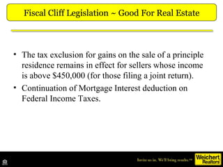Fiscal Cliff Legislation ~ Good For Real Estate



• The tax exclusion for gains on the sale of a principle
  residence re...