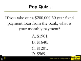 Pop Quiz…

If you take out a $200,000 30 year fixed
  payment loan from the bank, what is
        your monthly payment?
  ...
