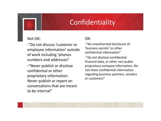 Confidentiality
Not OK:
-”Do not discuss ‘customer or
employee information’ outside
of work including ‘phones
numbers and addresses”
-”Never publish or disclose
confidential or other
proprietary information.
Never publish or report on
conversations that are meant
to be internal”
OK:
-”No unauthorized disclosure of
‘business secrets’ or other
confidential information”
-”Do not disclose confidential
financial data, or other non-public
proprietary company information. Do
not share confidential information
regarding business partners, vendors
or customers”
 