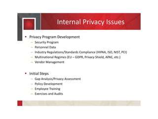Internal Privacy Issues
 Privacy Program Development
– Security Program
– Personnel Data
– Industry Regulations/Standards Compliance (HIPAA, ISO, NIST, PCI)
– Multinational Regimes (EU – GDPR, Privacy Shield, APAC, etc.)
– Vendor Management
 Initial Steps
– Gap Analysis/Privacy Assessment
– Policy Development
– Employee Training
– Exercises and Audits
 
