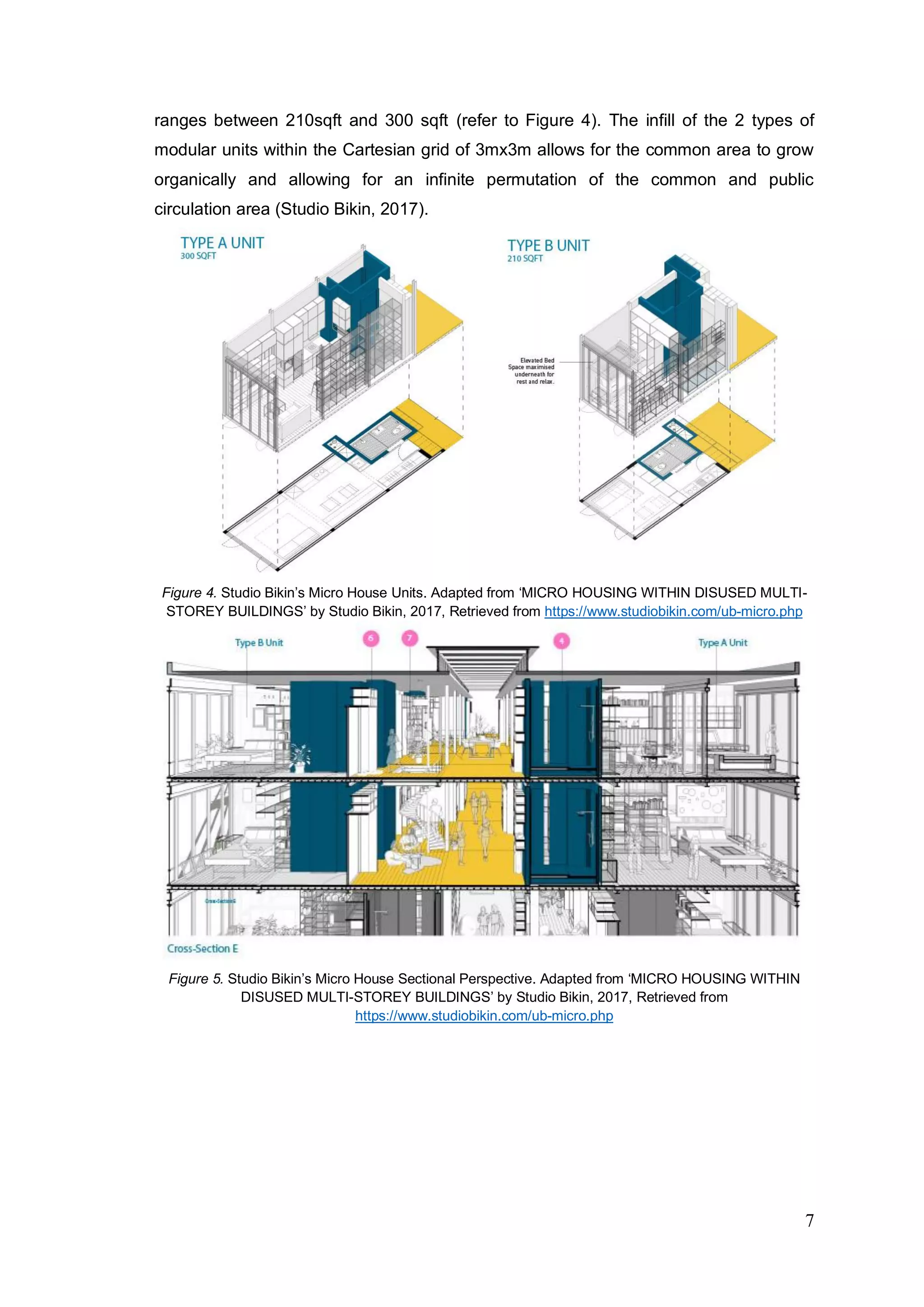 7
ranges between 210sqft and 300 sqft (refer to Figure 4). The infill of the 2 types of
modular units within the Cartesian grid of 3mx3m allows for the common area to grow
organically and allowing for an infinite permutation of the common and public
circulation area (Studio Bikin, 2017).
Figure 4. Studio Bikin’s Micro House Units. Adapted from ‘MICRO HOUSING WITHIN DISUSED MULTI-
STOREY BUILDINGS’ by Studio Bikin, 2017, Retrieved from https://www.studiobikin.com/ub-micro.php
Figure 5. Studio Bikin’s Micro House Sectional Perspective. Adapted from ‘MICRO HOUSING WITHIN
DISUSED MULTI-STOREY BUILDINGS’ by Studio Bikin, 2017, Retrieved from
https://www.studiobikin.com/ub-micro.php
 