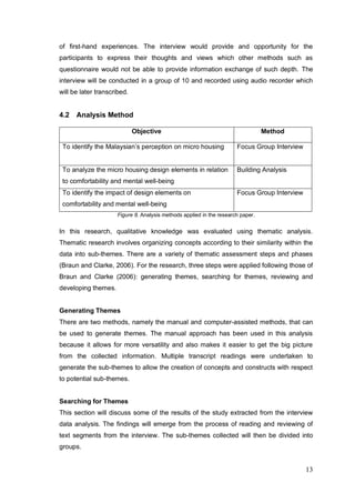 13
of first-hand experiences. The interview would provide and opportunity for the
participants to express their thoughts and views which other methods such as
questionnaire would not be able to provide information exchange of such depth. The
interview will be conducted in a group of 10 and recorded using audio recorder which
will be later transcribed.
4.2 Analysis Method
Objective Method
To identify the Malaysian’s perception on micro housing Focus Group Interview
To analyze the micro housing design elements in relation
to comfortability and mental well-being
Building Analysis
To identify the impact of design elements on
comfortability and mental well-being
Focus Group Interview
Figure 8. Analysis methods applied in the research paper.
In this research, qualitative knowledge was evaluated using thematic analysis.
Thematic research involves organizing concepts according to their similarity within the
data into sub-themes. There are a variety of thematic assessment steps and phases
(Braun and Clarke, 2006). For the research, three steps were applied following those of
Braun and Clarke (2006): generating themes, searching for themes, reviewing and
developing themes.
Generating Themes
There are two methods, namely the manual and computer-assisted methods, that can
be used to generate themes. The manual approach has been used in this analysis
because it allows for more versatility and also makes it easier to get the big picture
from the collected information. Multiple transcript readings were undertaken to
generate the sub-themes to allow the creation of concepts and constructs with respect
to potential sub-themes.
Searching for Themes
This section will discuss some of the results of the study extracted from the interview
data analysis. The findings will emerge from the process of reading and reviewing of
text segments from the interview. The sub-themes collected will then be divided into
groups.
 