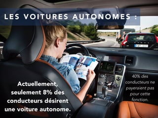 Actuellement,
seulement 8% des
conducteurs désirent
une voiture autonome.
40% des
conducteurs ne
payeraient pas
pour cette
fonction.
L E S V O I T U R E S A U T O N O M E S :
 