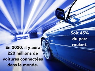 En 2020, il y aura
220 millions de
voitures connectées
dans le monde.
Soit 45%
du parc
roulant.
 