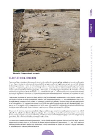 VI. ESTUDIO DEL MATERIAL
Podemos señalar a modo general la existencia de dos conjuntos bien definidos. Un primer conjunto perteneciente a los siglos
I y II, en el que encontramos restos de cerámicas de tradición campaniense, formas hispánicas, un amplio repertorio de sigillatas
de distintas procedencias y restos de materiales constructivos y decorativos asociados a las estructuras de la primera fase de
ocupación. La cerámica republicana es en proporción la más escasa, testimoniándose en restos de cerámica común con engobes
negros que aparece en fragmentos muy pequeños y deteriorados. En cronologías generales este tipo de material se asociaría
a momentos ocupacionales desde finales del s. I a. C a mediados del siglo I d. C. Teniendo en cuenta la perdurabilidad de las
facturas y lo degradado que aparecen los fragmentos podemos adscribirlos a los primeros momentos ocupacionales del solar.
Cabe destacar varias bases de sigillata con sellos, de los que sólo dos son legibles completamente y han podido ser identificados.
Uno es CN.ATEI, una de las firmas más tempranas que inicia su actividad entorno al año 15 a.C. procedente del fabricante ATEIVS,
de origen aretino con varios centros en Italia y al menos uno conocido en la Galia, en Lyon, cuya producción tiene gran difusión
en la Península Ibérica. En este caso tenemos una firma CN.ATEI, una de las firmas más tempranas de la fábrica, y OF.MVRI, com-
puesto por OF, en alusión a Officina, y posiblemente MVRI, que se refiere a MVRRIVS, sello propio de sigillata tardoitálica que
tuvo presencia en la Península, documentándose en puntos como Málaga, Antequera o Cerro del Mar.
El repertorio de cerámicas hispánicas de tradición indígena de talleres que sobrevivieron a la llegada romana, entre los siglos I
y II, de formas radicalmente distintas a las producidas por el Imperio, está representado fundamentalmente por jarras y vasos
de pastas beige y beige oscuro y desgrasantes finos, pintadas con líneas horizontales de almagra que formarían composiciones
geométricas, más o menos elaboradas, y bandas en cuello y borde.
Documentamos también un borde de“paredes finas”con decoración de perlitas, perteneciente a un vaso tipo Mayet XXXVI de
época tiberio-claudiana-flavios. Es un recipiente de tamaño pequeño de pared muy delgada, entre 2 y 3 mm. Por su acabado y
fragilidad sin duda pertenece al servicio de mesa de lujo. Por las características de su pasta, en tono ocre y engobe anaranjado,
es probable que proceda de un taller de Carmona.
ANUARIOARQUEOLÓGICODEANDALUCÍA2006sevilla
4472
Lámina XII. Vista general de la necrópolis.
 