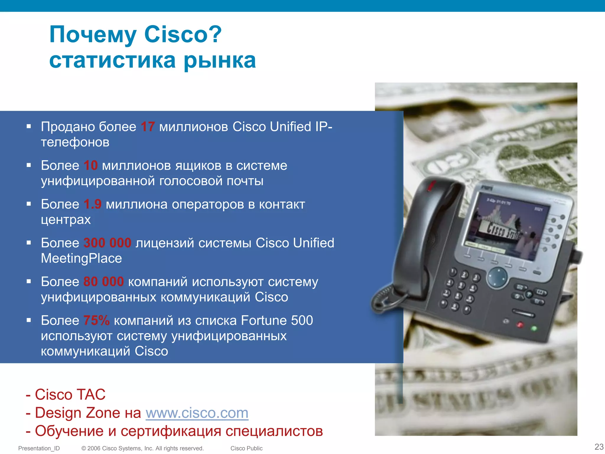Почему Cisco?
           статистика рынка

   Продано более 17 миллионов Cisco Unified IP-
    телефонов
   Более 10 миллионов ящиков в системе
    унифицированной голосовой почты
   Более 1.9 миллиона операторов в контакт
    центрах
   Более 300 000 лицензий системы Cisco Unified
    MeetingPlace
   Более 80 000 компаний используют систему
    унифицированных коммуникаций Cisco
   Более 75% компаний из списка Fortune 500
    используют систему унифицированных
    коммуникаций Cisco


  - Cisco TAC
  - Design Zone на www.cisco.com
  - Обучение и сертификация специалистов
Presentation_ID   © 2006 Cisco Systems, Inc. All rights reserved.   Cisco Public   23
 