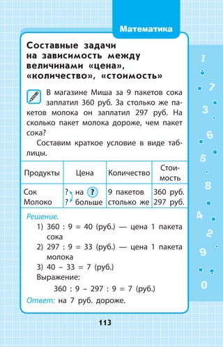 Составные задачи
на  зависимость между
величинами «цена»,
«количество», «стоимость»
	В магазине Миша за 9 пакетов сока
заплатил 360 руб. За столько же па­
кетов молока он заплатил 297 руб. На
сколько пакет молока дороже, чем пакет
сока?
Составим краткое условие в виде таб­
лицы.
Продукты Цена Коли­чество
Стои­
мость
Сок
Молоко
? 
?
на ?
больше
9 пакетов
столько же
360 руб.
297 руб.
Решение.
1)	 360 : 9 = 40 (руб.)  —  цена 1 пакета
сока
2)	 297 : 9 = 33 (руб.)  —  цена 1 пакета
молока
3)	 40 – 33 = 7 (руб.)
Выражение:
360 : 9 – 297 : 9 = 7 (руб.)
Ответ: на 7 руб. дороже.
1
2
3
4
5
6
7
8
9
0
113
Математика
 