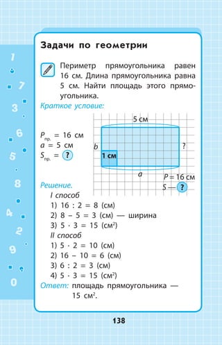 Задачи по геометрии
	Периметр прямоугольника равен
16  см. Длина прямоугольника равна
5 см. Найти площадь этого прямо­
угольника.
Краткое условие:
Pпр.
= 16 см
a = 5 см
Sпр.
= ?
Решение.
І способ
1)	 16 : 2 = 8 (см)
2)	 8 – 5 = 3 (см) — ширина
3)	 5 ∙ 3 = 15 (см2
)
ІІ способ
1)	 5 ∙ 2 = 10 (см)
2)	 16 – 10 = 6 (см)
3)	 6 : 2 = 3 (см)
4)	 5 ∙ 3 = 15 (см2
)
Ответ: площадь прямоугольника —
15 см2
.
1
2
3
4
5
6
7
8
9
0
138
 