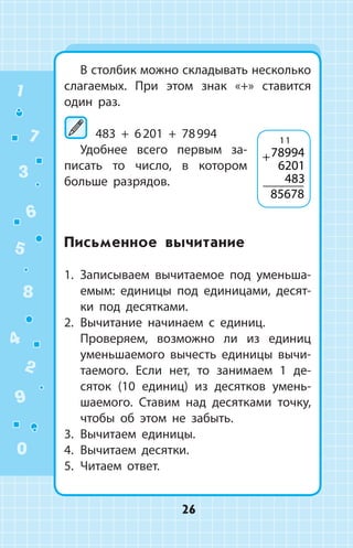 В столбик можно складывать ­несколько
слагаемых. При этом знак «+» ставится
один раз.
	483 + 6 201 + 78 994
Удобнее всего первым за­
писать то число, в котором
больше разрядов.
Письменное вычитание
1.  Записываем вычитаемое под уменьша­
емым: единицы под единицами, десят­
ки под десятками.
2.	 Вычитание начинаем с единиц.
	 Проверяем, возможно ли из единиц
уменьшаемого вычесть единицы вычи­
таемого. Если нет, то занимаем 1 де­
сяток (10 единиц) из десятков умень­
шаемого. Ставим над десят­ка­ми точку,
чтобы об этом не забыть.
3.	 Вычитаем единицы.
4.	 Вычитаем десятки.
5.	 Читаем ответ.
+78994
6201
483
85678
11
1
2
3
4
5
6
7
8
9
0
26
 