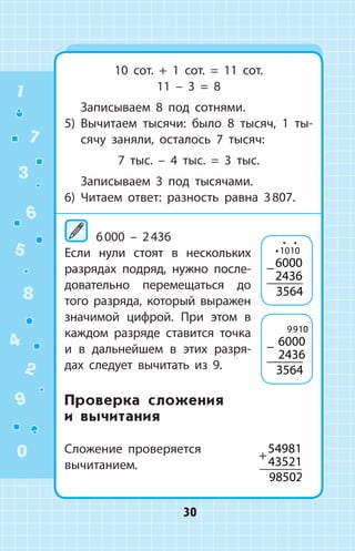 10 сот. + 1 сот. = 11 сот.
11 – 3 = 8
	 Записываем 8 под сотнями.
5)	 Вычитаем тысячи: было 8 тысяч, 1 ты­
сячу заняли, осталось 7 тысяч:
7 тыс. – 4 тыс. = 3 тыс.
	 Записываем 3 под тысячами.
6)	 Читаем ответ: разность равна 3 807.
	6 000 – 2 436
Если нули стоят в нескольких
разрядах подряд, нуж­но после­
довательно перемещаться до
того разряда, который выражен
значимой цифрой. При этом в
каждом разряде ставится точка
и  в ­дальнейшем в  этих разря­
дах следует вычитать из 9.
Проверка сложения
и  вычитания
Сложение проверяется
вычитанием.
−6000
2436
3564
1010
 
− 6000
2436
3564
9910
+
54981
43521
98502
1
2
3
4
5
6
7
8
9
0
30
 