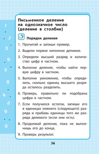 Письменное деление
на  однозначное число
(деление в столбик)
Порядок деления
1.	 Прочитай и запиши пример.
2.	 Выдели первое неполное делимое.
3.	 Определи высший разряд и количе­
ство цифр в частном.
4.	 Выполни деление, чтобы найти пер­
вую цифру в частном.
5.	 Выполни умножение, чтобы опреде­
лить, сколько единиц высшего разря­
да осталось разделить.
6.	 Проверь, правильно ли подобрана
цифра в частном.
7.	 Если получился остаток, запиши его
в  единицах нижнего (следующего) раз­
ряда и прибавь единицы того же раз­
ряда делимого (если они есть).
8.	 Продолжай деление, пока не выпол­
нишь его до конца.
9.	 Проверь результат.
1
2
3
4
5
6
7
8
9
0
56
 