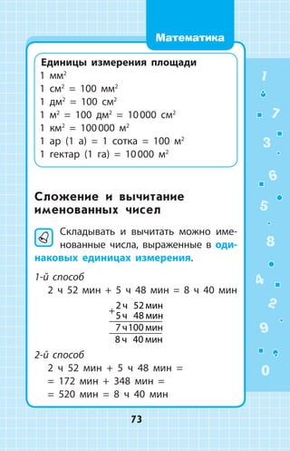 Единицы измерения площади
1 мм2
1 см2
= 100 мм2
1 дм2
= 100 см2
1 м2
= 100 дм2
= 10 000 см2
1 км2
= 100 000 м2
1 ар (1 а) = 1 сотка = 100 м2
1 гектар (1 га) = 10 000 м2
Сложение и вычитание
именованных чисел
Складывать и вычитать мож­но име­
нованные числа, выра­женные в оди­-
­наковых единицах измерения.
1-й способ
2 ч 52 мин + 5 ч 48 мин = 8 ч 40 мин
+
2 52
5 48
7 100
8 40
2-й способ
	 2 ч 52 мин + 5 ч 48 мин =
= 172 мин + 348 мин =
= 520 мин = 8 ч 40 мин
1
2
3
4
5
6
7
8
9
0
73
Математика
 