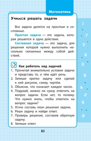 Учимся решать задачи
Все задачи делятся на простые и со­­-
ставные.
Простая задача  —  это задача, кото­
рая решается в одно действие.
Составная задача  —  это задача, для
решения которой нужно выполнить не­
сколько связанных между собой дей­
ствий.
Как работать над задачей
1.	 Прочитай внимательно условие задачи
и представь то, о чём идёт речь.
2.	 Запиши кратко задачу или сделай
к  ней рисунок, схему, чертёж.
3.	 Объясни, что означает каждое число.
4.	 Подумай, можно ли сразу ответить на
вопрос задачи. Если нет, то почему.
Что нужно знать, чтобы ответить на
вопрос задачи?
5.	 Устно составь план решения задачи.
6.	 Реши задачу и найди ответ.
7.	 Проверь решение, составив обратную
задачу.
8.	 Запиши ответ.
1
2
3
4
5
6
7
8
9
0
83
Математика
 