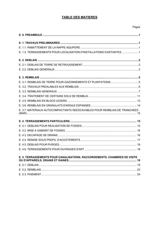 TABLE DES MATIERES
Pages
E. 0. PREAMBULE ..................................................................................................................................1
E. 1. TRAVAUX PRELIMINAIRES ..........................................................................................................1
E. 1.1. RABATTEMENT DE LA NAPPE AQUIFERE...............................................................................1
E. 1.2. TERRASSEMENTS POUR LOCALISATION D'INSTALLATIONS EXISTANTES .......................1
E. 2. DEBLAIS .........................................................................................................................................2
E. 2.1. DEBLAIS DE TERRE DE RETROUSSEMENT............................................................................2
E. 2.2. DEBLAIS GENERAUX..................................................................................................................3
E. 3. REMBLAIS ......................................................................................................................................5
E. 3.1. REMBLAIS DE TERRE POUR GAZONNEMENTS ET PLANTATIONS......................................5
E. 3.2. TRAVAUX PREALABLES AUX REMBLAIS.................................................................................6
E. 3.3. REMBLAIS GENERAUX...............................................................................................................7
E. 3.4. TRAITEMENT DE CERTAINS SOLS DE REMBLAI ................................................................. 11
E. 3.5. REMBLAIS EN BLOCS LEGERS.............................................................................................. 13
E. 3.6. REMBLAIS EN GRANULATS D'ARGILE EXPANSEE.............................................................. 14
E. 3.7. MATERIAUX AUTOCOMPACTANTS REEXCAVABLES POUR REMBLAIS DE TRANCHEES
(MAR) .................................................................................................................................................... 15
E. 4. TERRASSEMENTS PARTICULIERS .......................................................................................... 15
E. 4.1. DEBLAIS POUR REALISATION DE FOSSES.......................................................................... 15
E. 4.2. MISE A GABARIT DE FOSSES ................................................................................................ 16
E. 4.3. DECAPAGE DE DRAINS .......................................................................................................... 16
E. 4.4. REMISE SOUS PROFIL D’ACCOTEMENTS............................................................................ 17
E. 4.5. DEBLAIS POUR PURGES ........................................................................................................ 18
E. 4.6. TERRASSEMENTS POUR OUVRAGES D'ART ...................................................................... 18
E. 5. TERRASSEMENTS POUR CANALISATIONS, RACCORDEMENTS, CHAMBRES DE VISITE
OU D'APPAREILS, DRAINS ET GAINES............................................................................................ 19
E. 5.1. DEBLAIS.................................................................................................................................... 19
E. 5.2. REMBLAIS................................................................................................................................. 23
E. 5.3. PAIEMENT................................................................................................................................. 24
 