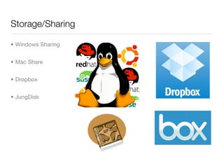 Storage/Sharing

• Windows Sharing


• Mac Share


• Dropbox


• JungDisk
 
