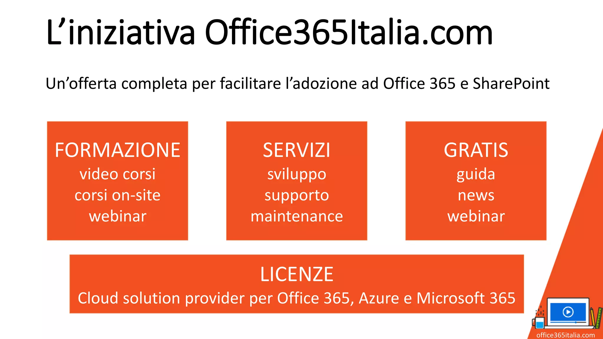 L’iniziativa Office365Italia.com
office365italia.com
FORMAZIONE
video corsi
corsi on-site
webinar
SERVIZI
sviluppo
supporto
maintenance
GRATIS
guida
news
webinar
Un’offerta completa per facilitare l’adozione ad Office 365 e SharePoint
LICENZE
Cloud solution provider per Office 365, Azure e Microsoft 365
 