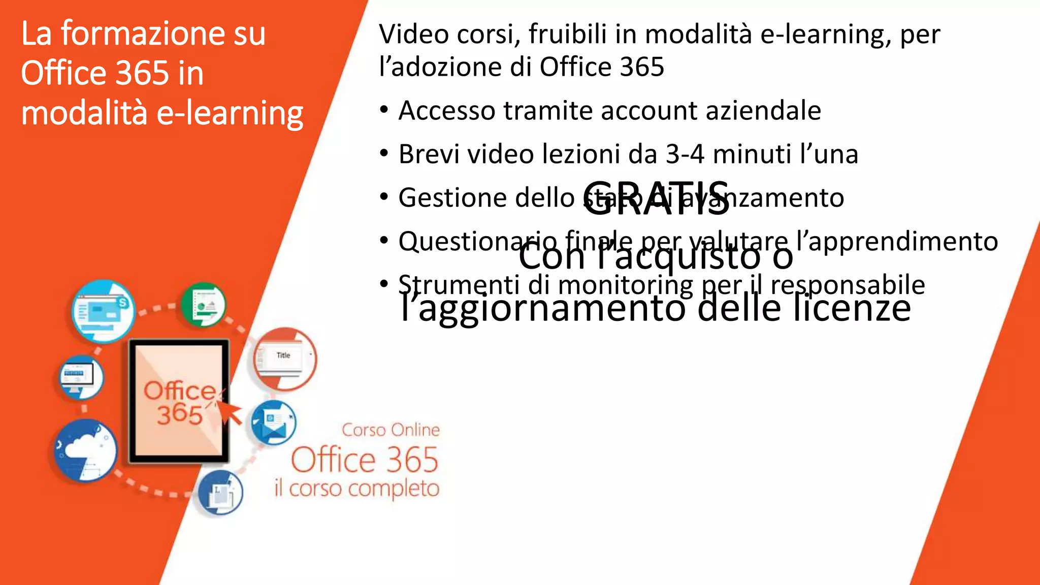 Video corsi, fruibili in modalità e-learning, per
l’adozione di Office 365
• Accesso tramite account aziendale
• Brevi video lezioni da 3-4 minuti l’una
• Gestione dello stato di avanzamento
• Questionario finale per valutare l’apprendimento
• Strumenti di monitoring per il responsabile
La formazione su
Office 365 in
modalità e-learning
GRATIS
Con l’acquisto o
l’aggiornamento delle licenze
 