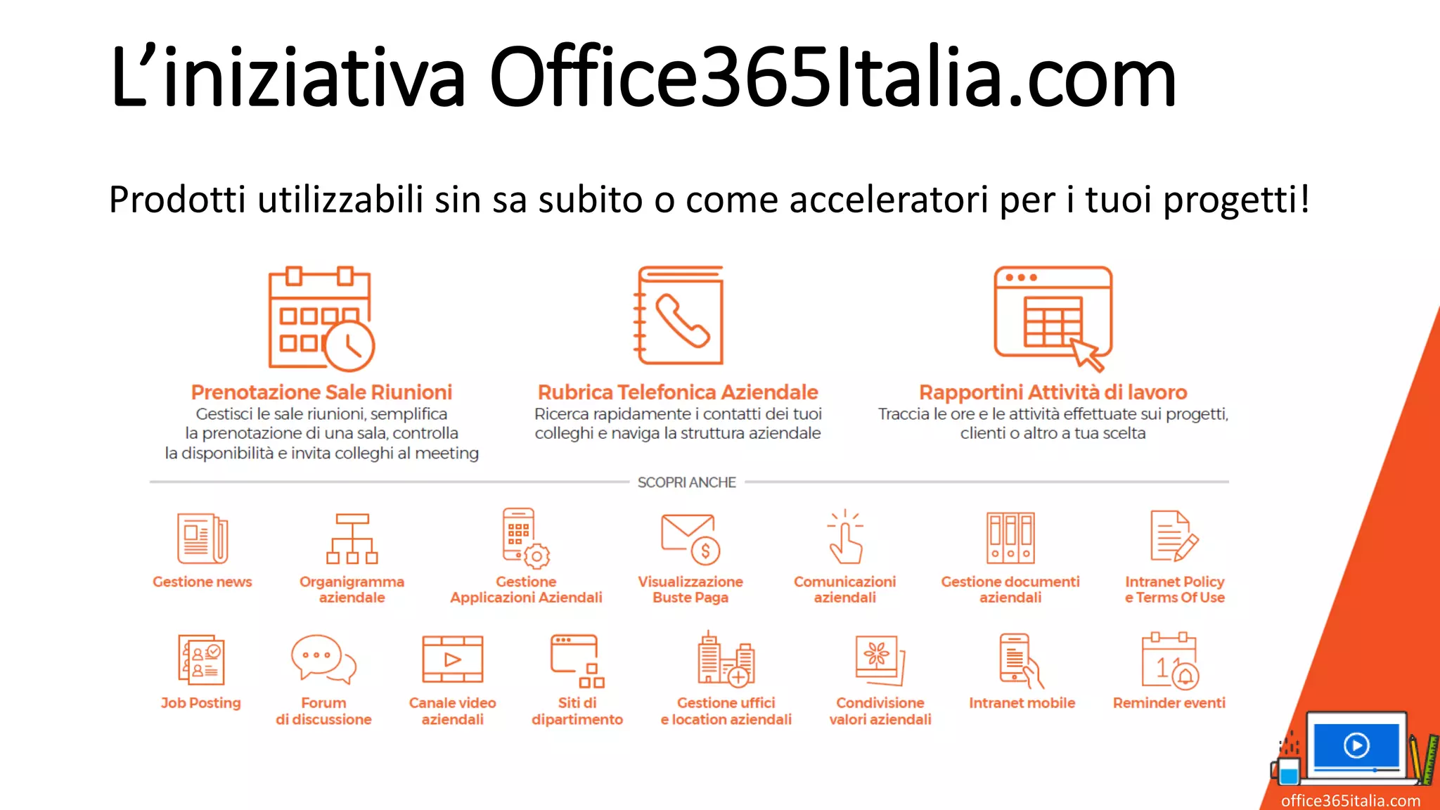 L’iniziativa Office365Italia.com
office365italia.com
Prodotti utilizzabili sin sa subito o come acceleratori per i tuoi progetti!
 