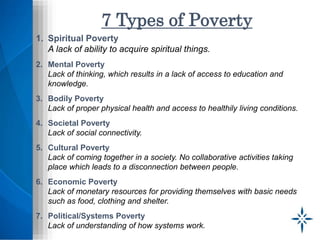 7 Types of Poverty
1. Spiritual Poverty
A lack of ability to acquire spiritual things.
2. Mental Poverty
Lack of thinking, which results in a lack of access to education and
knowledge.
3. Bodily Poverty
Lack of proper physical health and access to healthily living conditions.
4. Societal Poverty
Lack of social connectivity.
5. Cultural Poverty
Lack of coming together in a society. No collaborative activities taking
place which leads to a disconnection between people.
6. Economic Poverty
Lack of monetary resources for providing themselves with basic needs
such as food, clothing and shelter.
7. Political/Systems Poverty
Lack of understanding of how systems work.
 